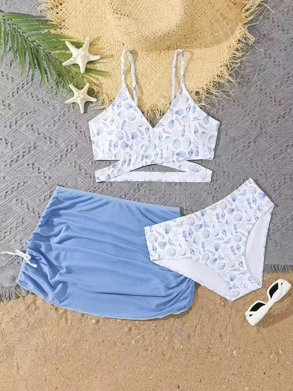 Ensemble plage 3 pièces bleu & blanc